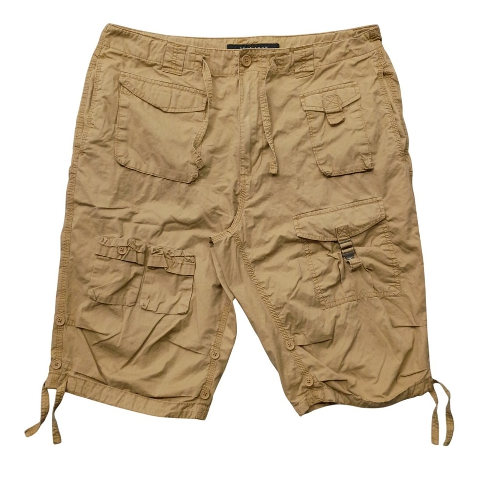 Sean John Men's 36 Cargo Shorts Khaki Tan Multi Pocket Drawstring Outdoor Y2K